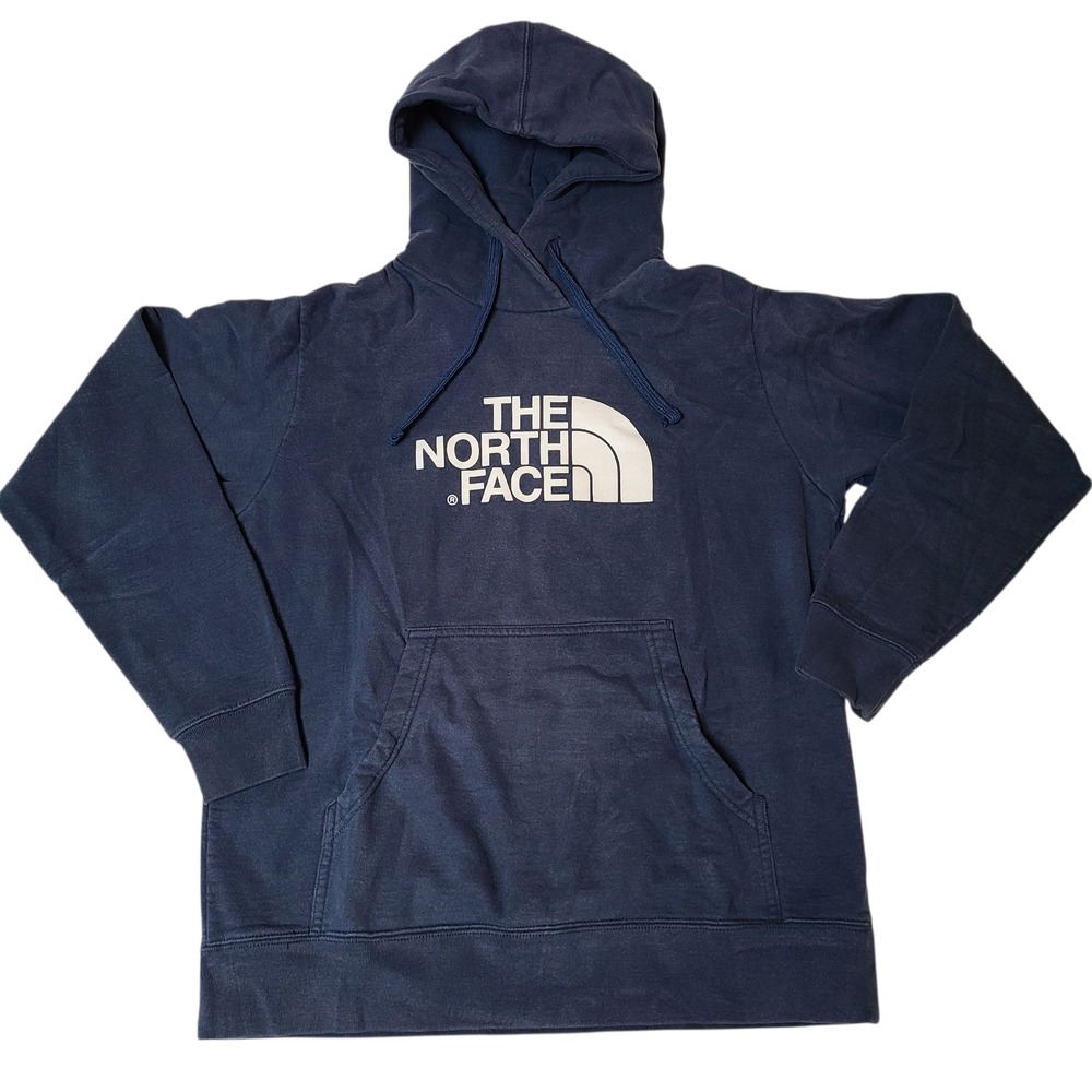 The North Face Mens Hoodie Size Medium Half Dome Logo Pullover Blue Sun Faded